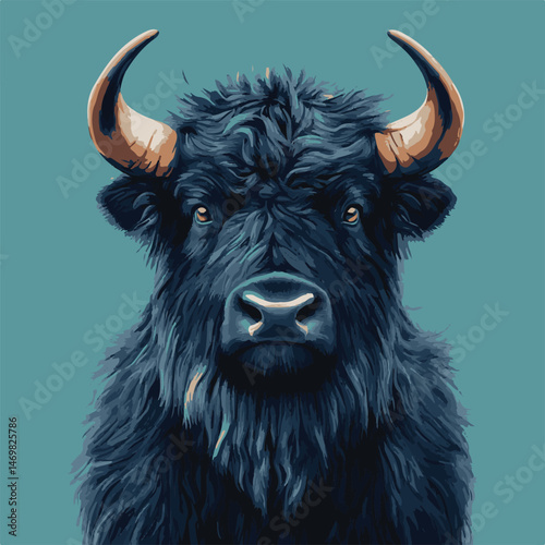 Majestic Yak Portrait With Long Hair And Horns On Teal Background