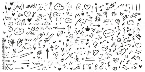 Doodle Arrows And Symbols Silhouette Set. Creative Hand-Drawn Elements For Design Projects And Presentations. Isolated Vector Illustration Collection