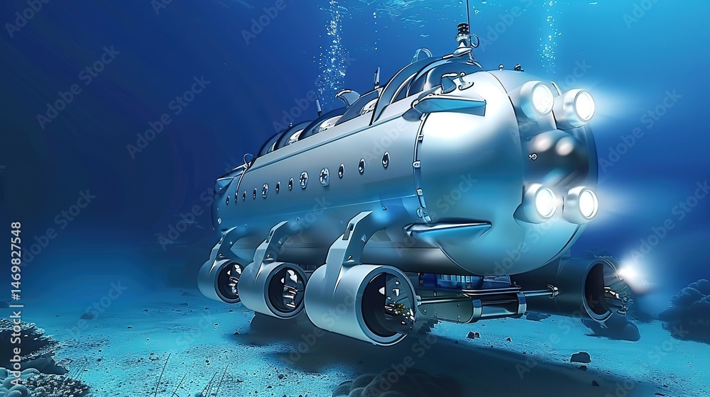 Fototapeta premium A submarine navigating through the deep ocean, surrounded by the vastness of the dark blue sea, showcasing the underwater exploration and advanced maritime technology.
