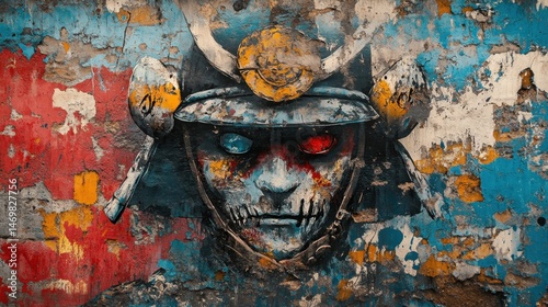 Intricate Samurai Warrior Mural Featuring Bold Colors and Unique Textures on Weathered Wall Surface