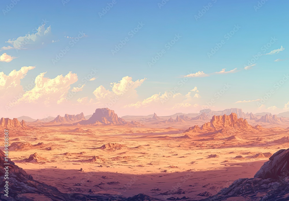 Fototapeta premium Desert landscape with mountains in the background. The sky is blue and the sun is setting