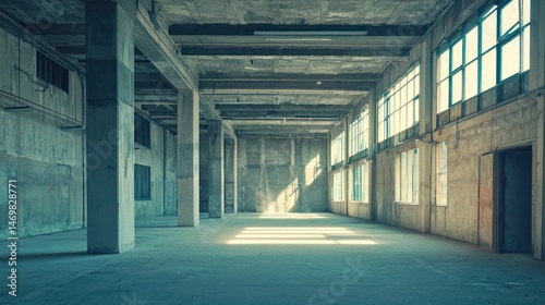 An empty, industrial warehouse with concrete walls and large windows, illuminated by natural light, with a concrete floor and exposed beams in the ceiling.