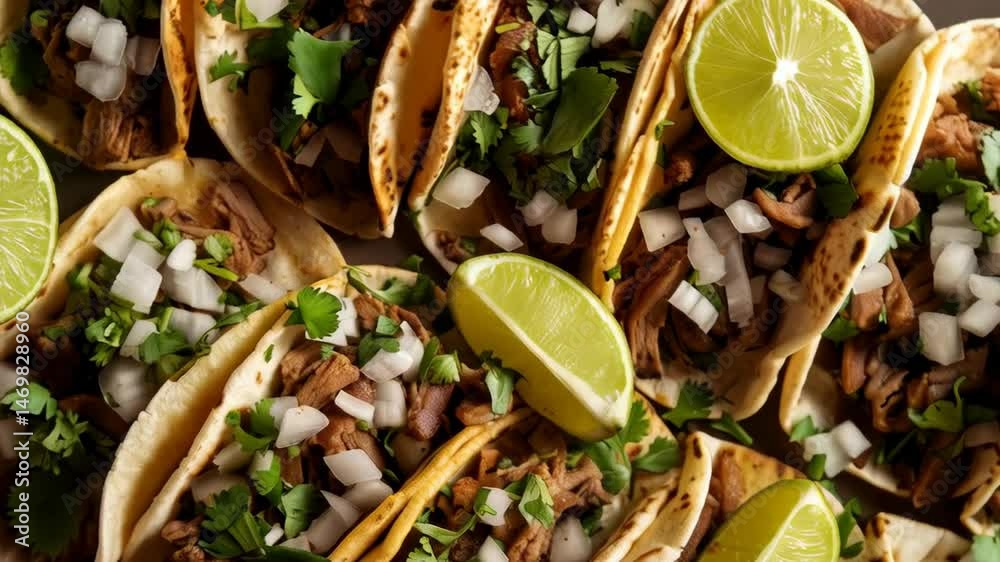 A vibrant display of Mexican tacos with fresh cilantro, onions, and lime slices. A colorful and flavorful representation of traditional Mexican street food
