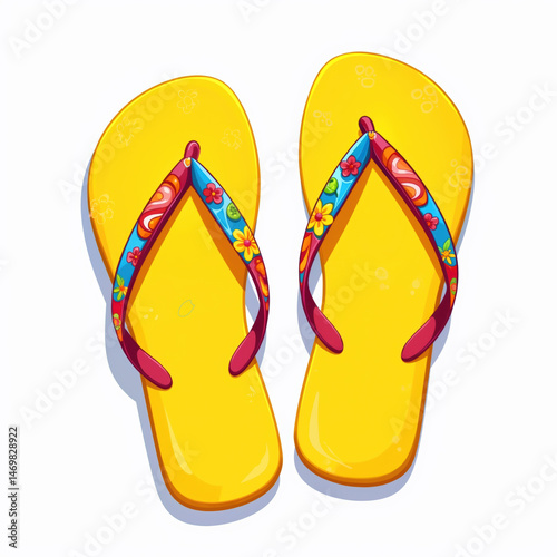 A vibrant illustration of bright yellow flip flops, featuring colorful straps adorned with flowers and swirls, evoking a cheerful and lively mood. photo