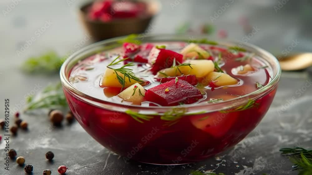 Traditional Lithuanian borscht saltibarsciai, a cold beet soup Chaladnik, served in a glass bowl with boiled potatoes. A refreshing and healthy summer meal