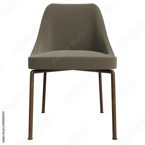 Simple, upholstered dining chair with a rounded back and tapered legs