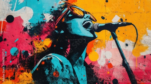 Vibrant Urban Art Depicting Woman Singing with Passion and Colorful Background in City Street Mural