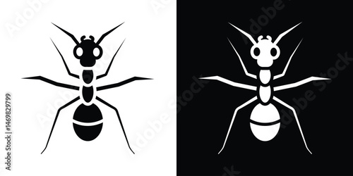 Ant icon vector in black and white. Simplified insect illustration with segmented body and six legs. Perfect for educational designs, pest control themes, minimal logos, or nature-related graphics.