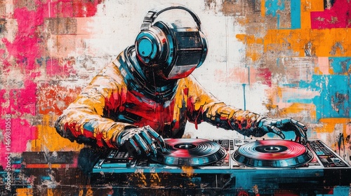 Futuristic DJ with Headphones Playing Vinyl Records in Colorful Urban Environment