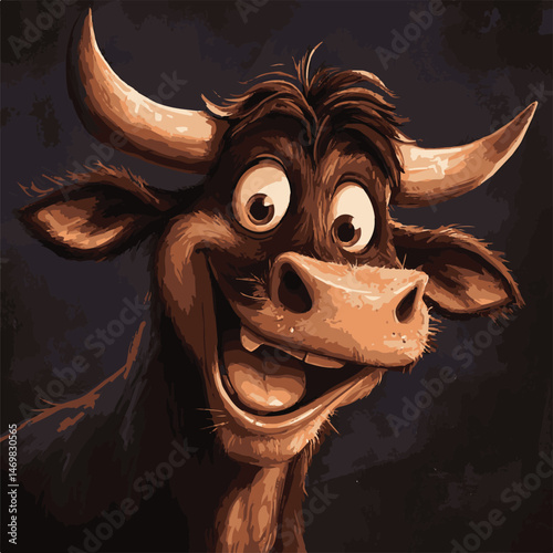 Cartoon Style Illustration Of A Laughing Bull With Large Horns And Dark Background