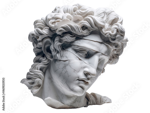 Close-up of a fragmented marble head sculpture with a blindfold, portraying a sense of ancient beauty and classical artistry against a pure white background.