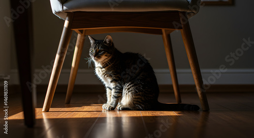 Cat sitting peacefully in sunlight underneath a chair  