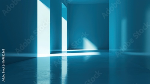 Wallpaper Mural A blue and white minimalist interior with a concrete floor and large windows casting shadows. Torontodigital.ca