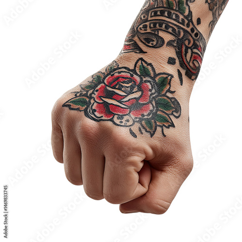 A tattooed fist displays a vibrant red rose with green leaves on a white background, showcasing intricate body art and modern design aesthetics seamlessly.