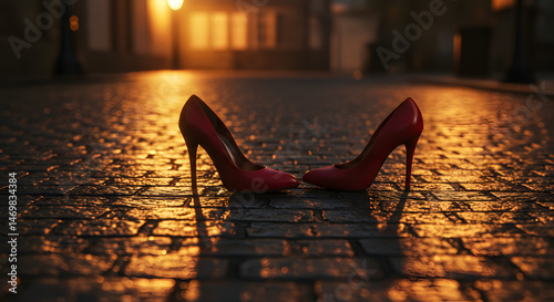 Stylish red high heels glowing on cobblestone street at sunset  