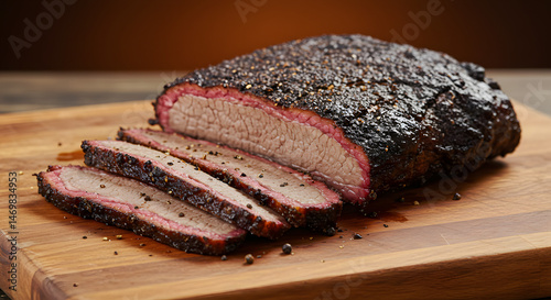 Sliced smoked brisket on a wooden cutting board  