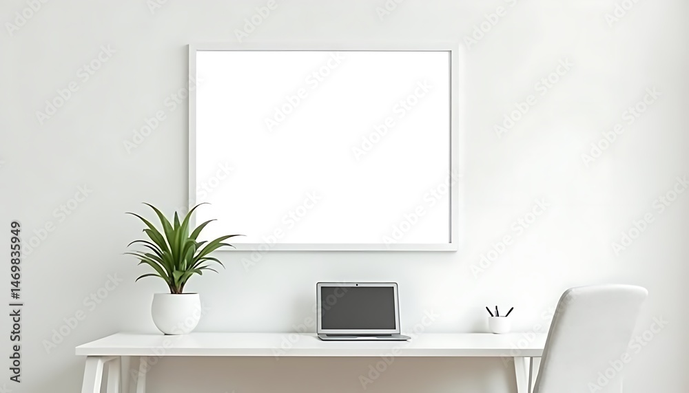 Obraz premium Minimalist workspace featuring a laptop plant and a blank frame against a white wall backdrop