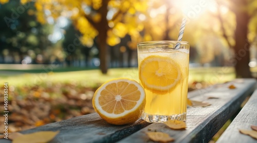 Refreshing Lemonade with Fresh Lemons on Wooden Table in a Sunlit Park During Autumn Season
