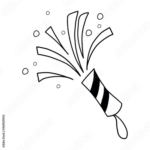 Simple hand-drawn illustration of party streamers and confetti in black. Perfect for festive designs, celebrations, invitations, and digital decorations.  
