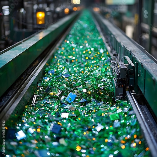 Industrial glass recycling line with processed fragments. photo