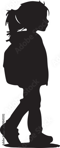 School Day Silhouette: A young child's silhouette, with a backpack, strides forward in anticipation of a day of learning, depicting the pure essence of childhood's first steps.