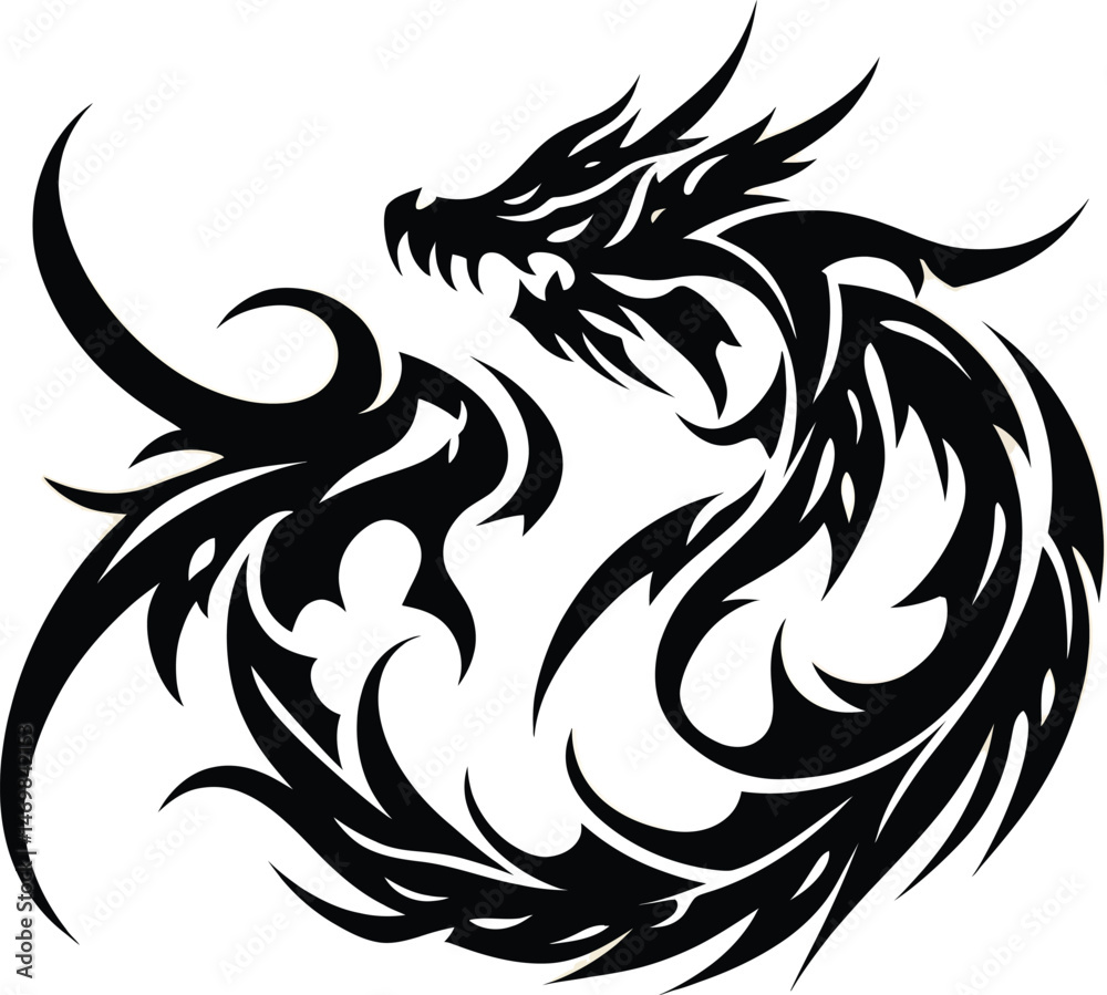 Fototapeta premium A black and white vector tribal tattoo design features a rooster and an eagle, powerful animal bird symbols in silhouette art