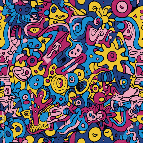 Colorful Hand-Drawn Abstract Pattern with Fun Elements
