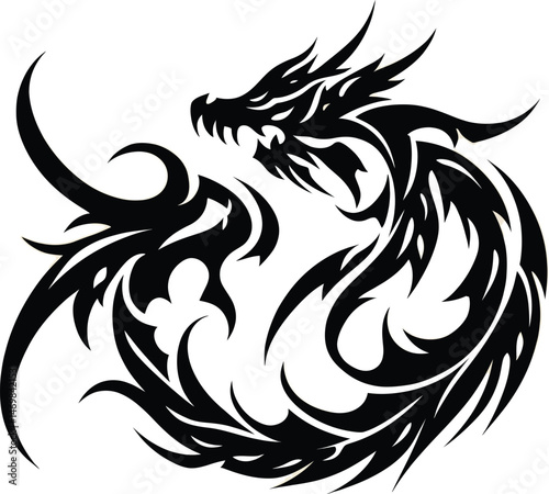 A black and white vector tribal tattoo design features a rooster and an eagle, powerful animal bird symbols in silhouette art