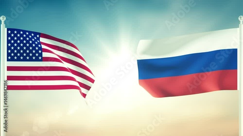 United states and Russia Flags Waving Against Each Other. 3D Animation with Textured Detail.