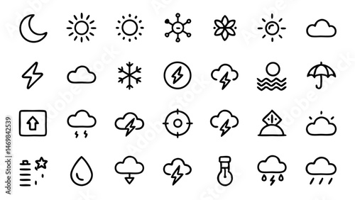 Weather and climate icon set featuring bold vector glyph pictograms designed for easy integration in apps and websites with clean symbols representing various weather conditions