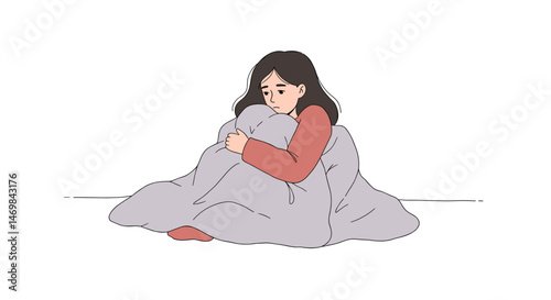 Girl hugging blanket alone sadly in a minimalist illustration with white background and copy space
