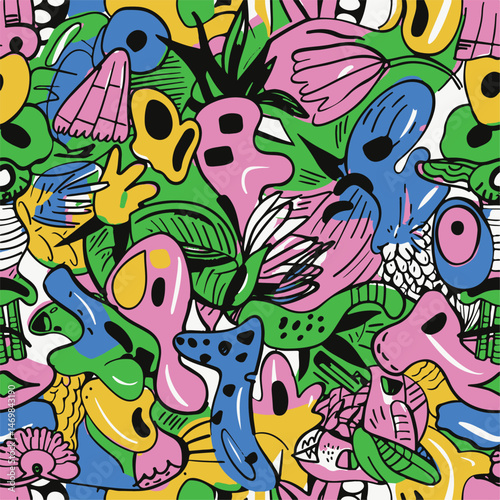 Colorful Hand-Drawn Abstract Pattern with Fun Elements
