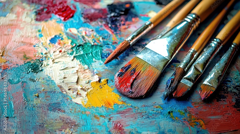 Fototapeta premium A set of colorful brushes with paint on a textured surface, with a blurred background.
