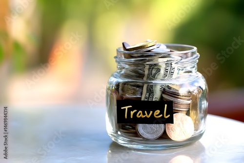 Saving money for travel in a glass jar with travel label