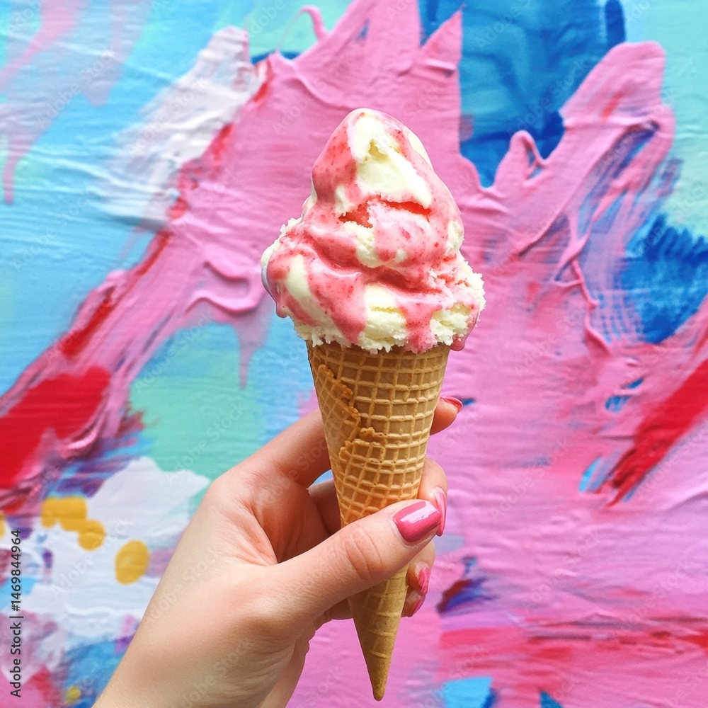 Hand holding vanilla ice cream with strawberry sauce in front of a colorful wall