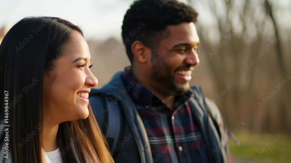Two people share a joyful moment while walking outdoors, enjoying each other's company in an afternoon setting Two people share a joyful moment while walking outdoors, enjoying each other's company in an afternoon setting