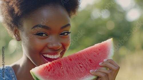 Happy black woman eating watermelon slice in nature