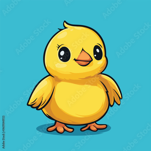 Cute Cartoon Yellow Chick Vector Illustration On Blue Background For Easter And Spring Designs