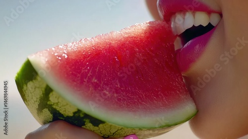 Woman biting slice of fresh watermelon on summer day
