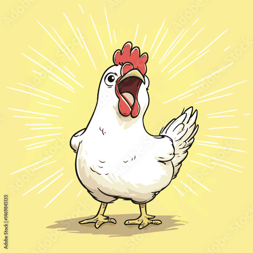 Cartoon Chicken Crowing Loudly With Open Beak Against Radiating Background Agriculture And Farming