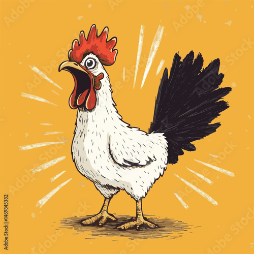 Cartoon Rooster Crowing Loudly In Retro Style On Yellow Background Vector Illustration Animal Art
