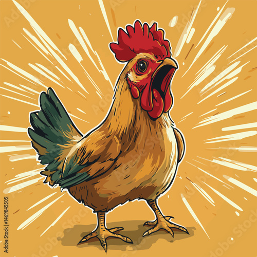 Colorful Cartoon Rooster Illustration With Dynamic Background For Childrens Book And Farm Animal Designs
