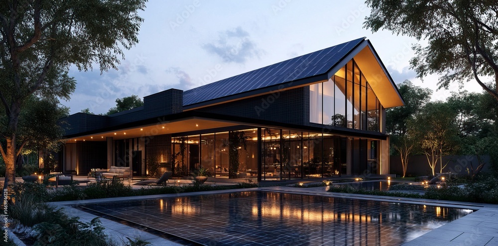 3D rendering of a modern house with solar panels on the roof and a swimming pool in the garden at evening time. Realistic home exterior design, black tiles for the gable wall, white walls, 3D rendering of a modern house with solar panels on the roof and a swimming pool in the garden at evening time. Realistic home exterior design, black tiles for the gable wall, white walls,