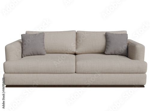 Light beige fabric sofa with dark wood base.  Two gray accent pillows