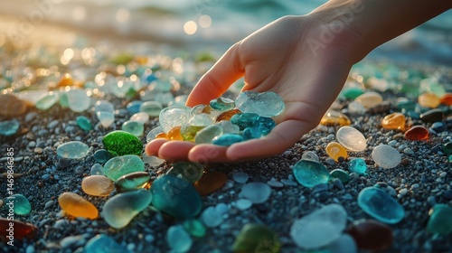 Hand Holding Colorful Sea Glass on Sandy Beach at Sunset with Calm Water in Background