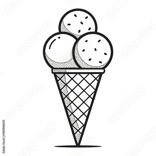 Hand-Drawn Ice Cream Cone with Three Scoops and Sprinkles. Coloring page