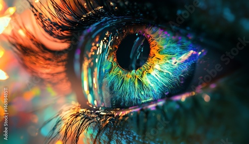 A close-up of an eye with the iris glowing in shades of blue and green, reflecting various colors around it