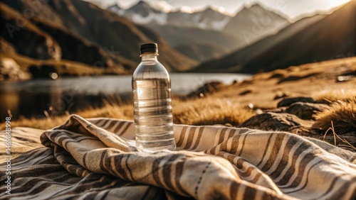 Scenic Outdoor Picnic with a Clear Water Bottle on a Striped Blanket Overlooking a Lake and Mountains