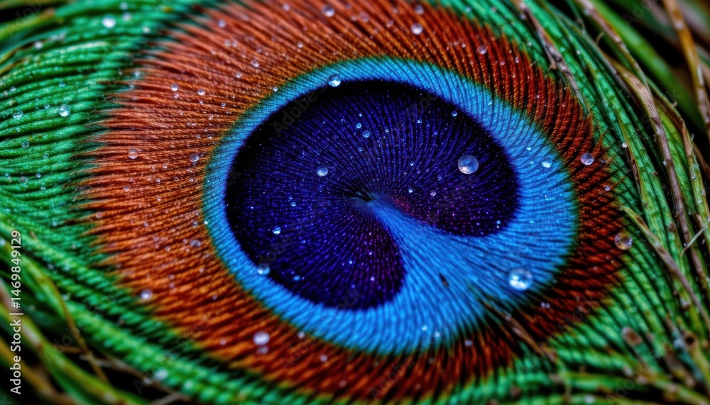 Naklejka premium Closeup of a Colorful Peacock Feather with Iridescent Hues and Water Droplets in Nature