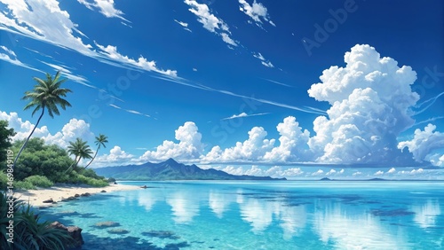 Tropical Beach Landscape with Palm Trees, Clear Water, and a Distant Horizon